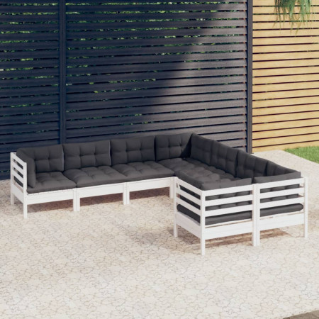 Set mobilier de grădină cu perne, 8 piese, alb, lemn masiv pin