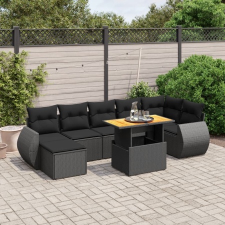 Set mobilier de grădină cu perne, 8 piese, negru, poliratan