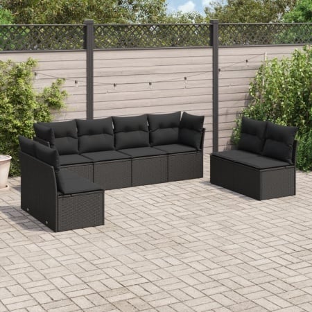 Set mobilier de grădină cu perne, 8 piese, negru, poliratan