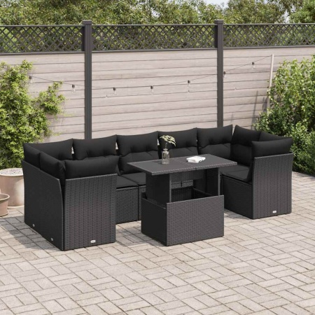 Set mobilier de grădină cu perne, 8 piese, negru, poliratan - Img 1
