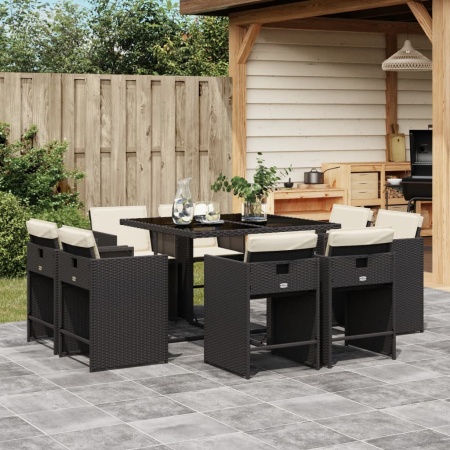 Set mobilier de grădină cu perne, 9 piese, negru, poliratan