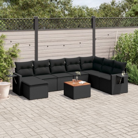 Set mobilier de grădină cu perne, 9 piese, negru, poliratan