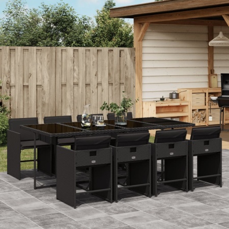 Set mobilier de grădină cu perne, 9 piese, negru, poliratan