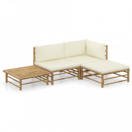 Set mobilier de grădină cu perne alb crem, 4 piese, bambus