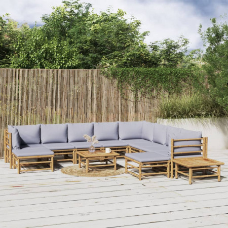 Set mobilier de grădină cu perne gri deschis, 12 piese, bambus