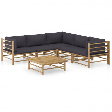 Set mobilier de grădină cu perne gri închis, 6 piese, bambus
