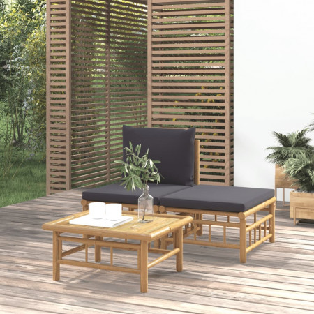 Set mobilier de grădină, perne gri închis, 3 piese, bambus