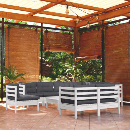 Set mobilier grădină cu perne, 10 piese, alb, lemn masiv pin