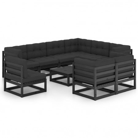 Set mobilier grădină cu perne, 10 piese, negru, lemn masiv pin