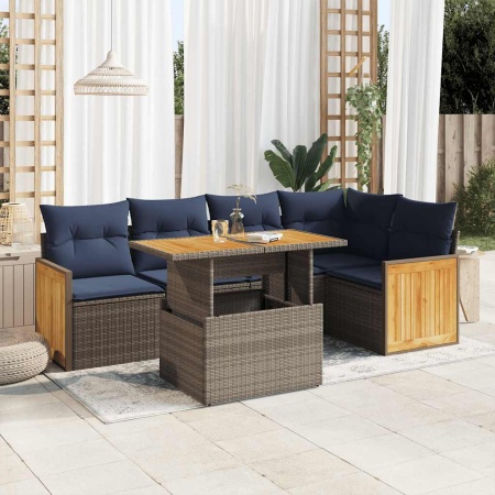 Set mobilier grădină cu perne 6 piese gri poliratan/lemn acacia - Img 1