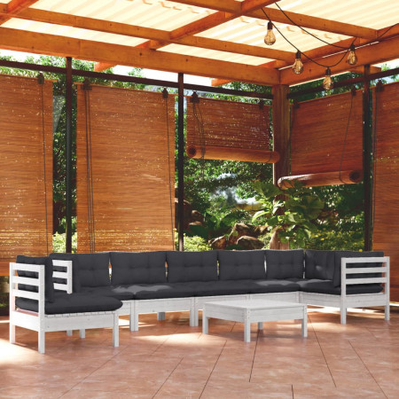 Set mobilier grădină cu perne, 9 piese, alb, lemn masiv pin