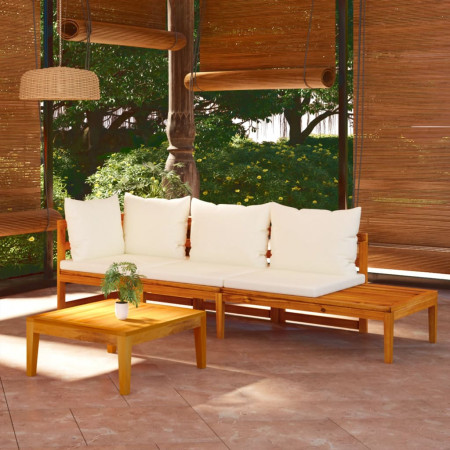 Set mobilier grădină perne alb/crem, 3 piese, lemn masiv acacia