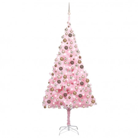 Set pom Crăciun artificial LED-uri&globuri, roz, 240 cm, PVC
