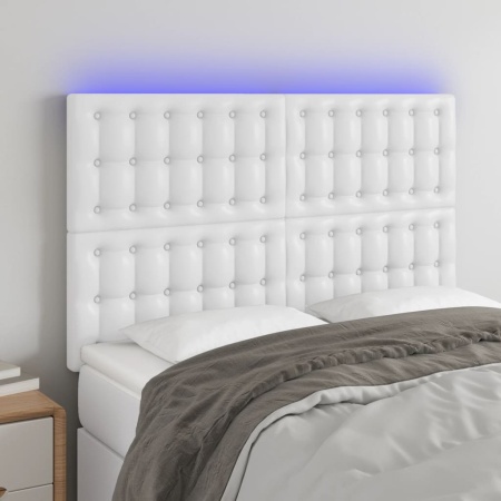 Tăblie de pat cu LED, alb, 144x5x118/128 cm, piele ecologică