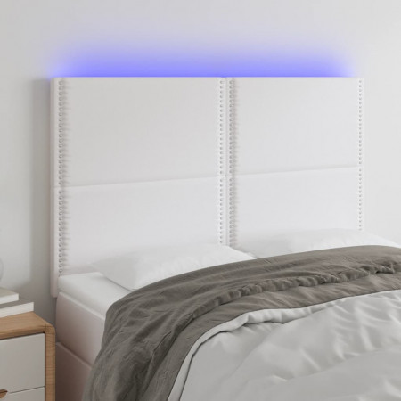 Tăblie de pat cu LED, alb, 144x5x118/128 cm, piele ecologică