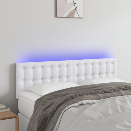 Tăblie de pat cu LED, alb, 144x5x78/88 cm, piele ecologică