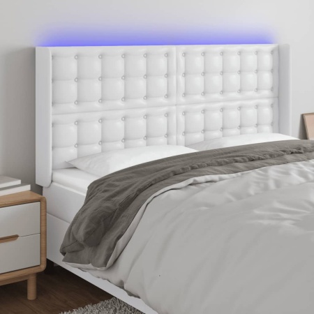 Tăblie de pat cu LED, alb, 147x16x118/128 cm, piele ecologică
