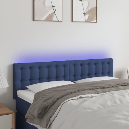 Tăblie de pat cu LED, albastru, 144x5x78/88 cm, textil