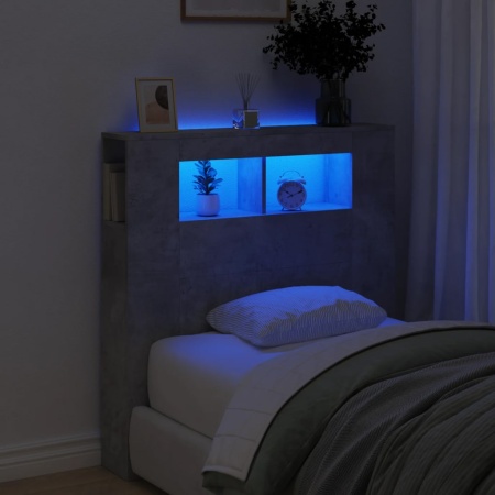 Tăblie de pat cu LED, gri beton, 100x18,5x103,5 cm, lemn