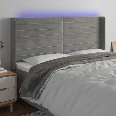 Tăblie de pat cu LED, gri deschis, 183x16x118/128 cm, catifea