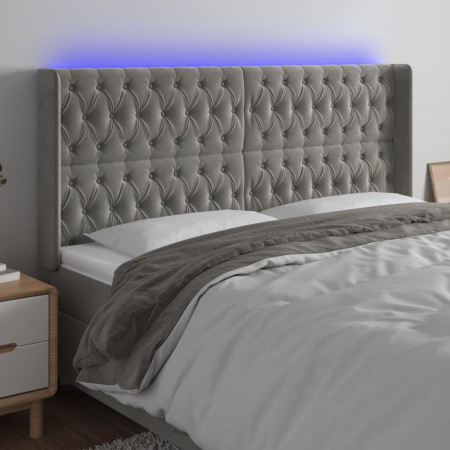 Tăblie de pat cu LED, gri deschis, 203x16x118/128 cm, catifea