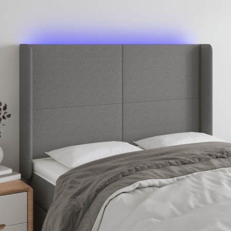 Tăblie de pat cu LED, gri închis, 147x16x118/128 cm, textil