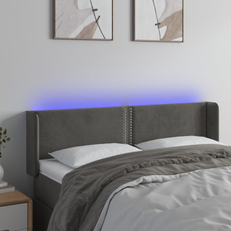 Tăblie de pat cu LED, gri închis, 147x16x78/88 cm, catifea