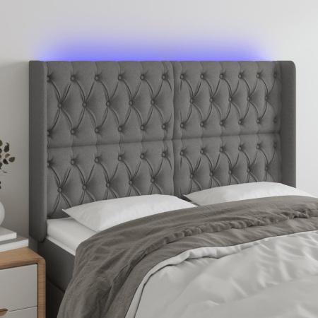 Tăblie de pat cu LED, gri închis, 163x16x118/128 cm, textil
