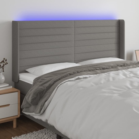 Tăblie de pat cu LED, gri închis, 183x16x118/128 cm, textil