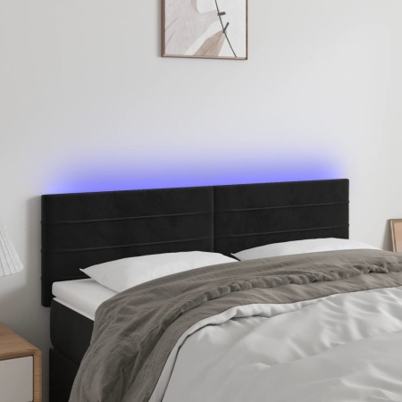Tăblie de pat cu LED, negru, 144x5x78/88 cm, catifea