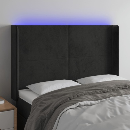 Tăblie de pat cu LED, negru, 147x16x118/128 cm, catifea