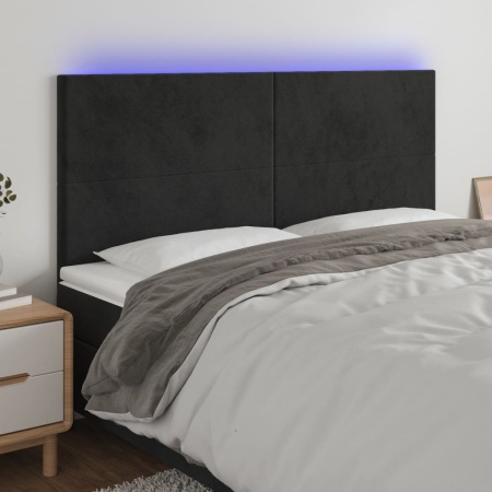 Tăblie de pat cu LED, negru, 183x16x118/128 cm, catifea