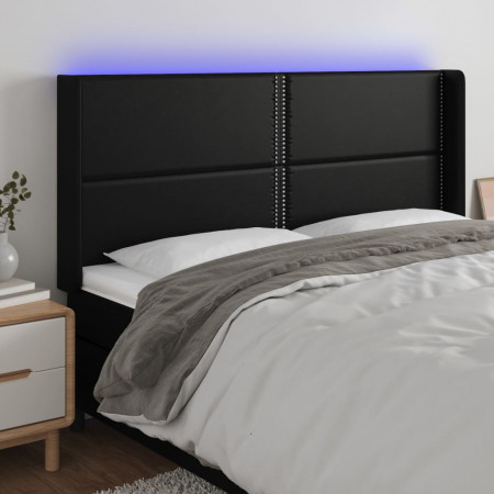 Tăblie de pat cu LED, negru, 183x16x118/128 cm, piele ecologică