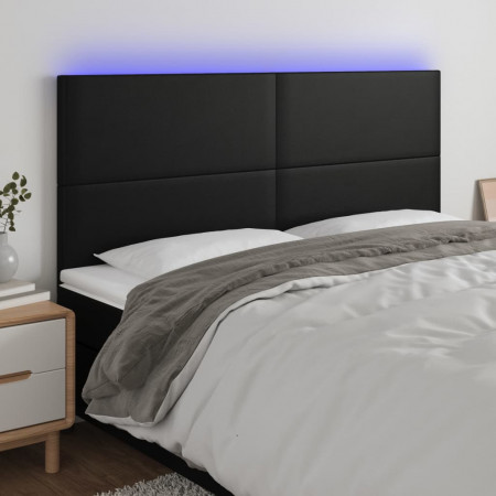 Tăblie de pat cu LED, negru, 200x5x118/128 cm, piele ecologică