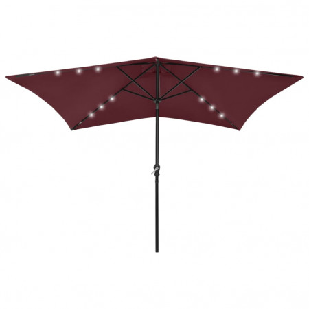 Umbrelă de soare cu stâlp din oțel &amp; LED-uri, roșu bordo, 2x3 m - Img 1
