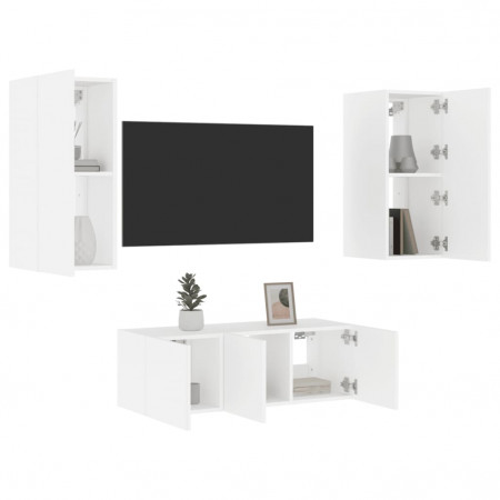 Unități de perete TV cu LED-uri, 4 piese, alb, lemn prelucrat