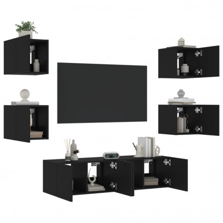 Unități de perete TV cu LED-uri, 6 piese, negru, lemn prelucrat