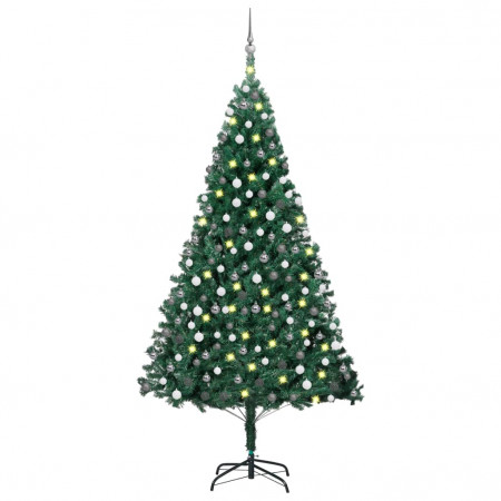 Brad Crăciun artificial pre-iluminat, set globuri, verde 240 cm - Img 1