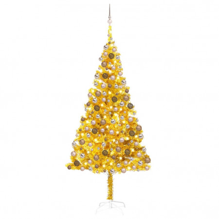 Brad de Crăciun pre-iluminat cu set globuri, auriu, 240 cm, PET - Img 1