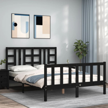 Cadru de pat cu tăblie, negru, 140x190 cm, lemn masiv - Img 1