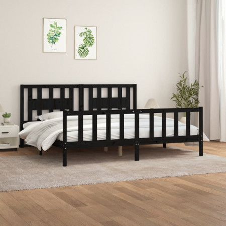 Cadru de pat cu tăblie, negru, 200x200 cm, lemn masiv de pin