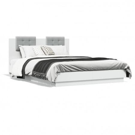 Cadru de pat cu tăblie și lumini LED, alb, 150x200 cm