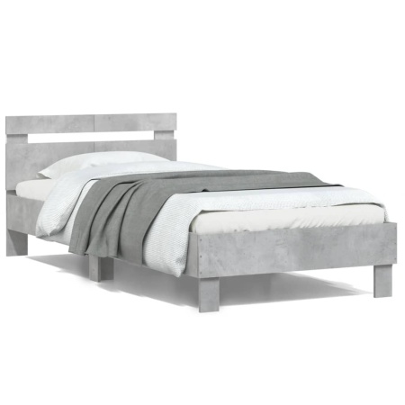 Cadru de pat cu tăblie și lumini LED, gri beton, 100x200 cm