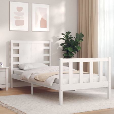 Cadru de pat cu tăblie single mic, alb, lemn masiv