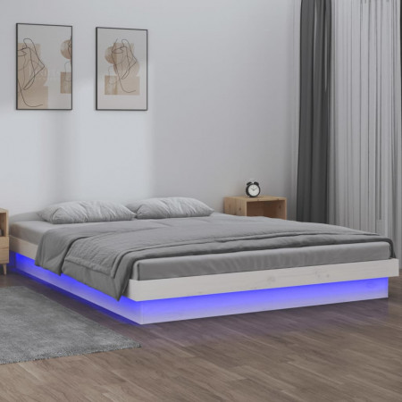 Cadru de pat LED Super King Size, alb, 180x200 cm, lemn masiv