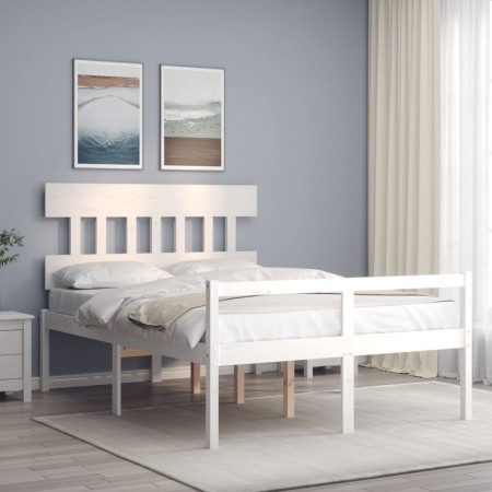 Cadru de pat senior cu tăblie dublu mic, alb, lemn masiv