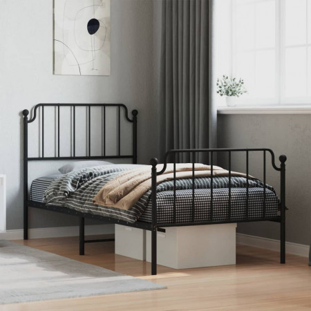 Cadru pat metalic cu tăblii de cap/picioare negru, 90x190 cm