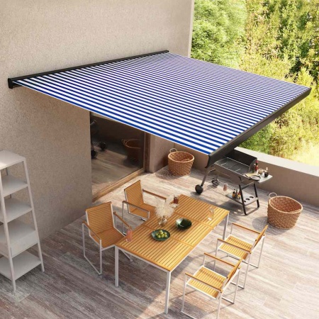 Copertină motorizată tip casetă, albastru și alb, 350 x 250 cm