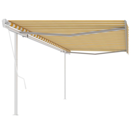 Copertină retractabilă automat, cu stâlpi, galben&alb 5x3,5 m