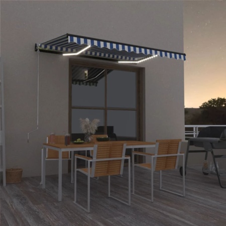 Copertină retractabilă manual cu LED, albastru&alb, 400x300 cm